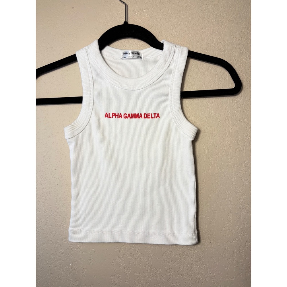 The Hang Loose Hut Alpha Gamma Delta Ribbed Crop Tank Top White Red Medium